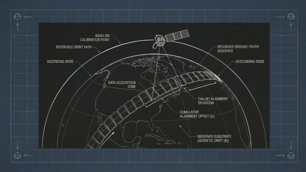 A technical diagram on a blue grid background shows a satellite orbiting Earth. Labels indicate features like “baseline calibration point,” “data acquisition zone,” “reference orbit path,” and geodetic drift, with orbit paths and zones marked on the globe.
