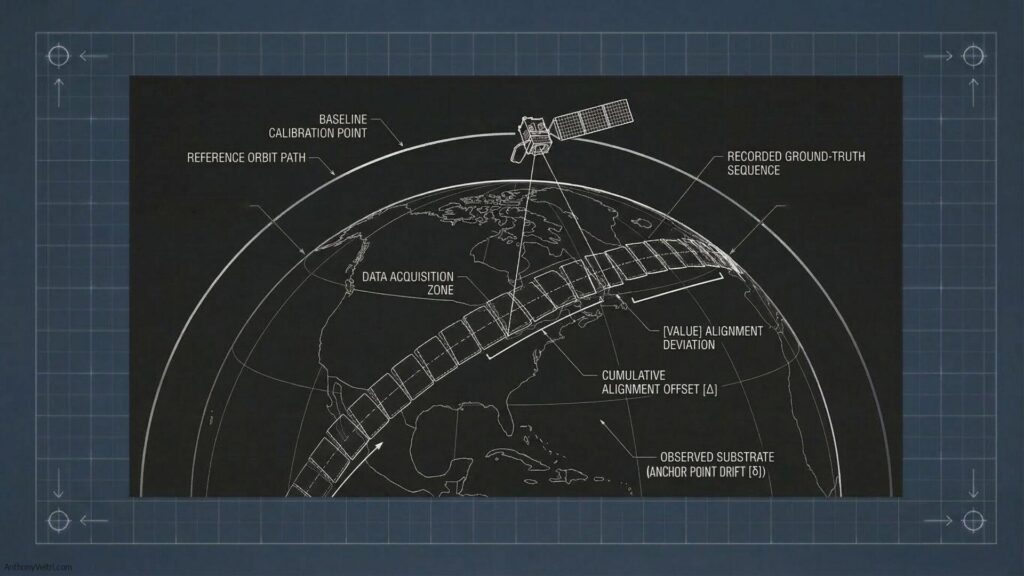 Satellite earth observation diagram showing orbital path, data acquisition swath, baseline calibration point, and anchor point drift indicators over a globe displaying North and South America. Technical series illustration for Ground Truth, Federation, and the Anchor Point. Each piece in this series addresses one failure mode in the chain between observation and truth. Together they make a single argument: anchor point integrity is a governance problem as much as a technical one.