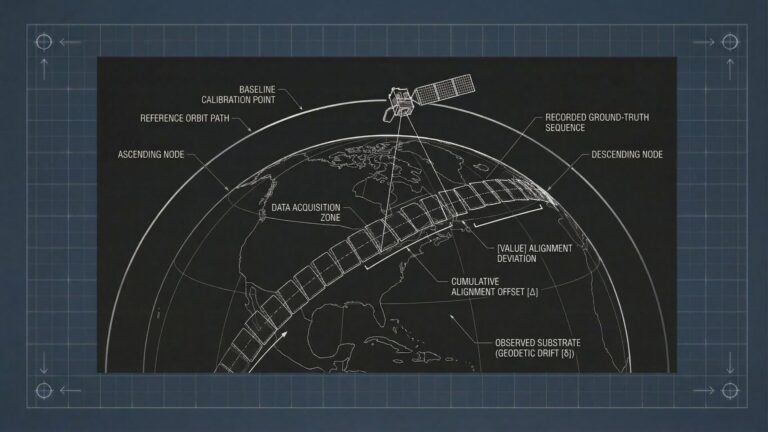 A technical diagram on a blue grid background shows a satellite orbiting Earth. Labels indicate features like “baseline calibration point,” “data acquisition zone,” “reference orbit path,” and geodetic drift, with orbit paths and zones marked on the globe.