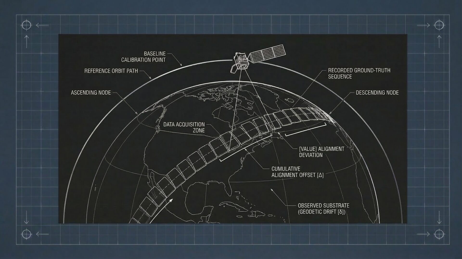 A technical diagram on a blue grid background shows a satellite orbiting Earth. Labels indicate features like “baseline calibration point,” “data acquisition zone,” “reference orbit path,” and geodetic drift, with orbit paths and zones marked on the globe.