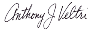 A handwritten signature in black ink reads &ldquo;Anthony J Veltri&rdquo; in cursive script on a white background. The letters are flowing and slightly slanted, with large loops, especially in the uppercase &ldquo;A&rdquo; and &ldquo;V.&rdquo;.