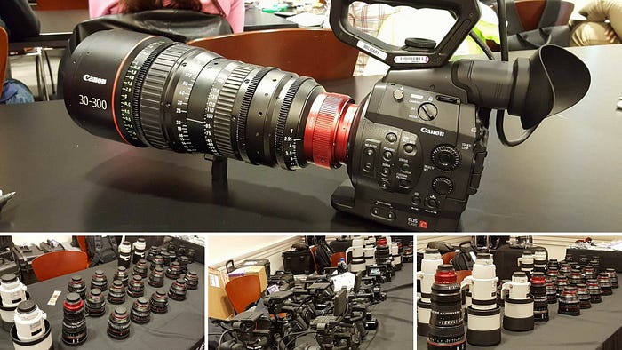 A large professional Canon video camera with a 30–300mm zoom lens is on a table. Below, three smaller images show many camera lenses and camera bodies arranged in rows on tables, suggesting a photography or videography setup or workshop.