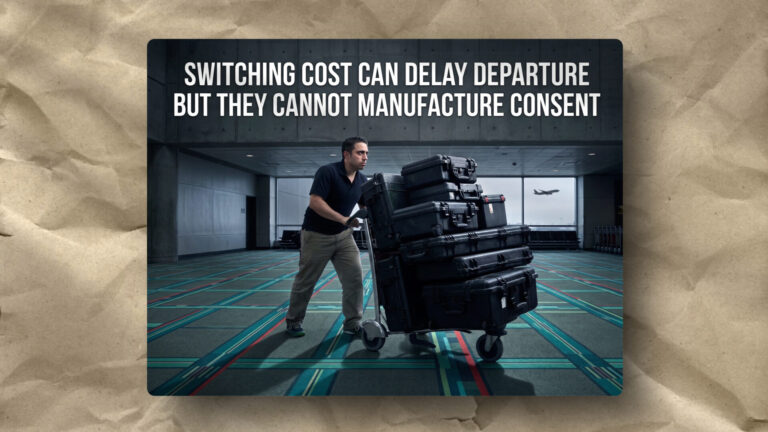 A man pushes a cart loaded with large black luggage in an empty airport terminal. An airplane is visible outside the window. Text above reads: 