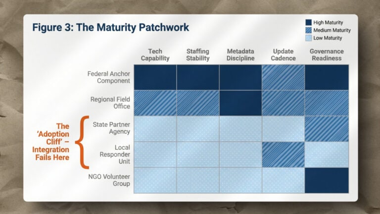 A chart titled “The Maturity Patchwork” compares tech maturity across various sectors. Rows represent five sectors; columns represent six capabilities. Dark, medium, and light blue squares indicate high, medium, and low maturity, forming a patchwork pattern.
